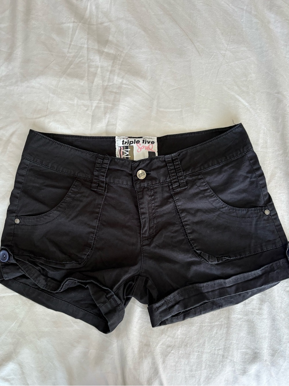 Triple Five Soul Black Roll-Cuff Cotton Blend Women's Shorts